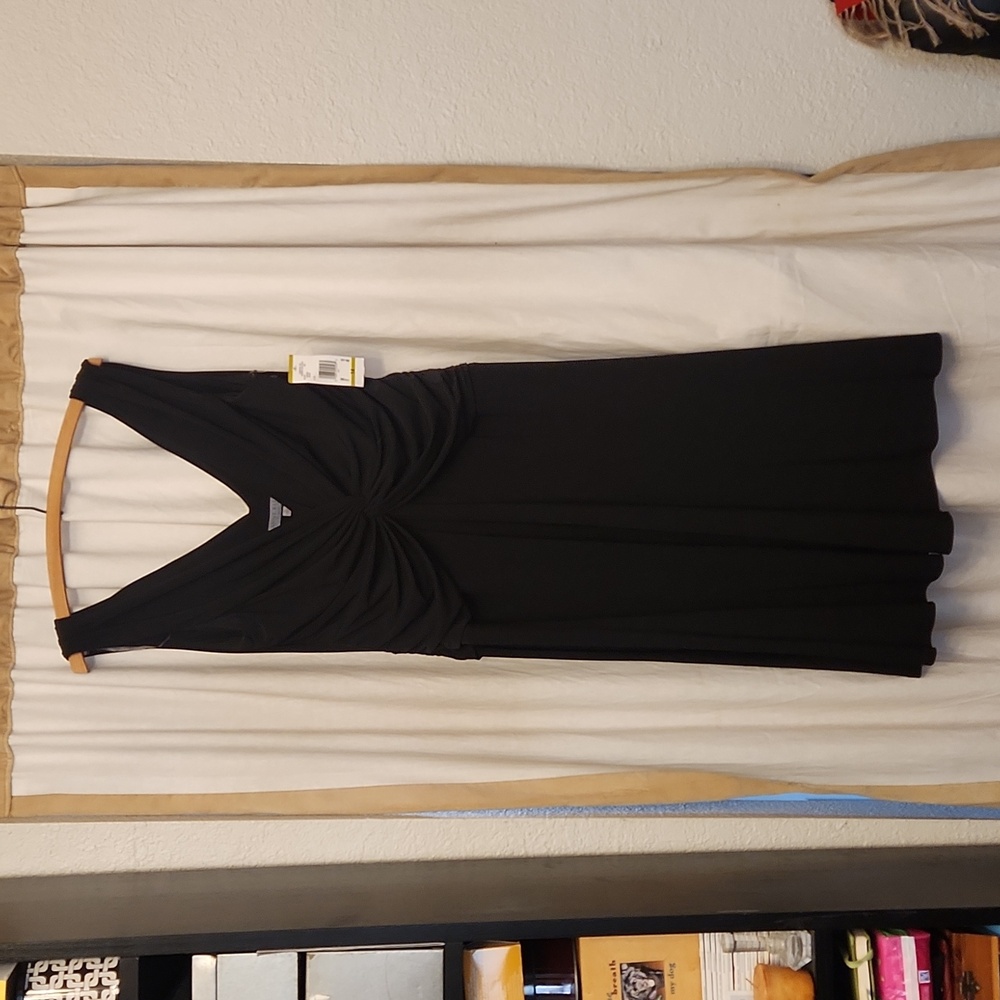 🔒 nwt ANNE KLEIN twisted v-neck dress 14 black jersey LBD sleeveless mini XL